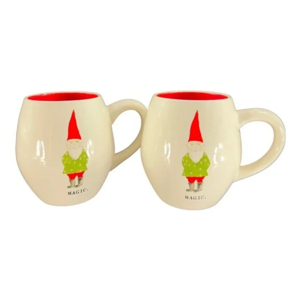 Magenta Rae Dunn Christmas Gnomes Magic Coffee Mug Cup Set‎ 2 Ceramic White Red
